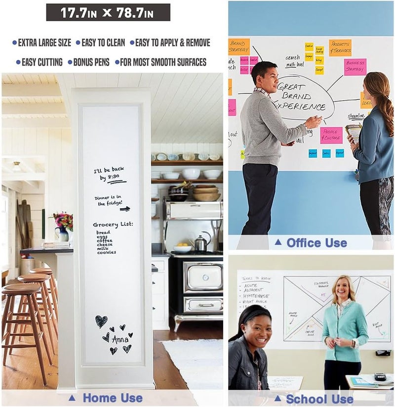 Nicpro Dry Erase Paper Stick On, 17.7" X 78.7"(6.5 ft）Self Adhesive White Contact Wallpaper Whiteboard Sticker Decal to Do List with 3 Color Water-Based Pens for Home Office Shock rubber edge - Image 5