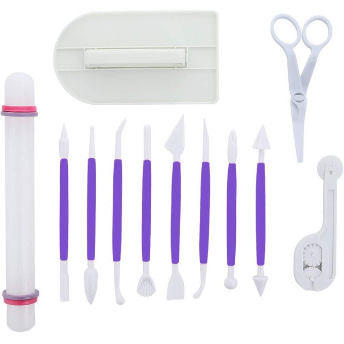 MARSHMALLOW FONDANT CAKE DECORATING HAND TOOL 12 PCS 5 SETS SUGARCRAFT GUMPASTE ICING SMOOTHER ROLLING PIN TRIMMER CUTTER EMBOSSER FLOWER SCISSOR MODELLING ACCESSORIES SUPPLIES KIT PURPLE