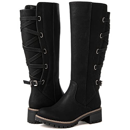 GLOBALWIN Womens Strappy Motorcycle Knee High Boots Black Wide Calf Riding Boots Fall Winter Fashion Knee High Boots For Women 8M - Image 1