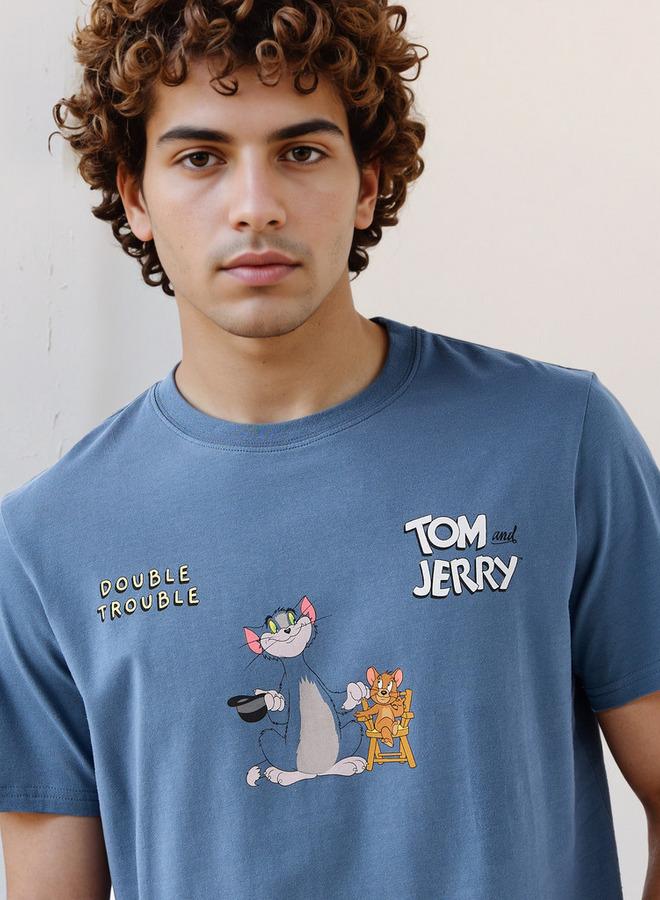 اس بي كاركترز تيشيرت رجالي بطبعة توم وجيري بياقة دائرية وأكمام قصيرة بقصة عادية - Image 1