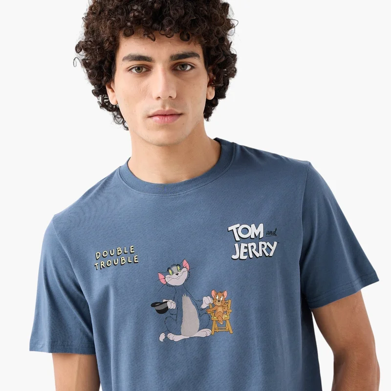 SP Characters Men Regular Fit Crew Neck Short Sleeves Tom and Jerry Print T-shirt