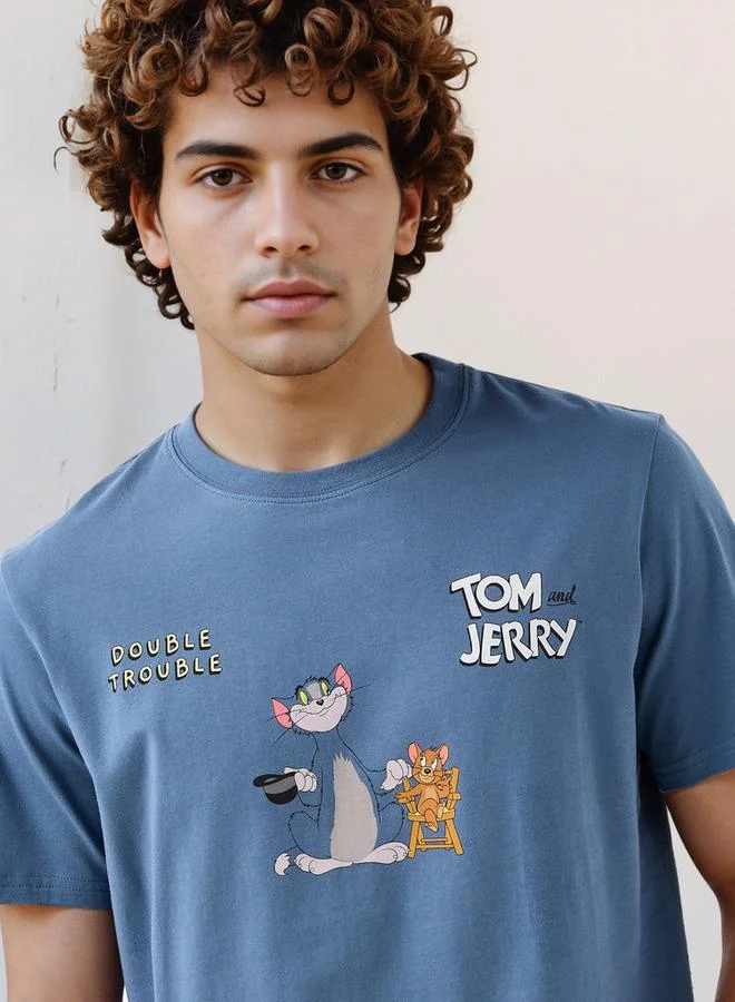 SP Characters Men Regular Fit Crew Neck Short Sleeves Tom and Jerry Print T-shirt