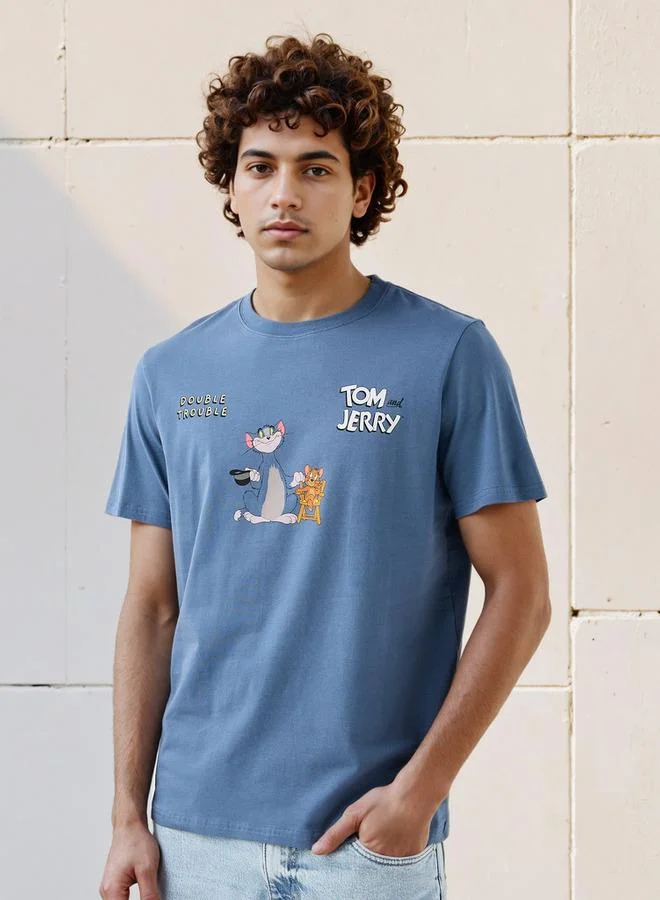 SP Characters Men Regular Fit Crew Neck Short Sleeves Tom and Jerry Print T-shirt