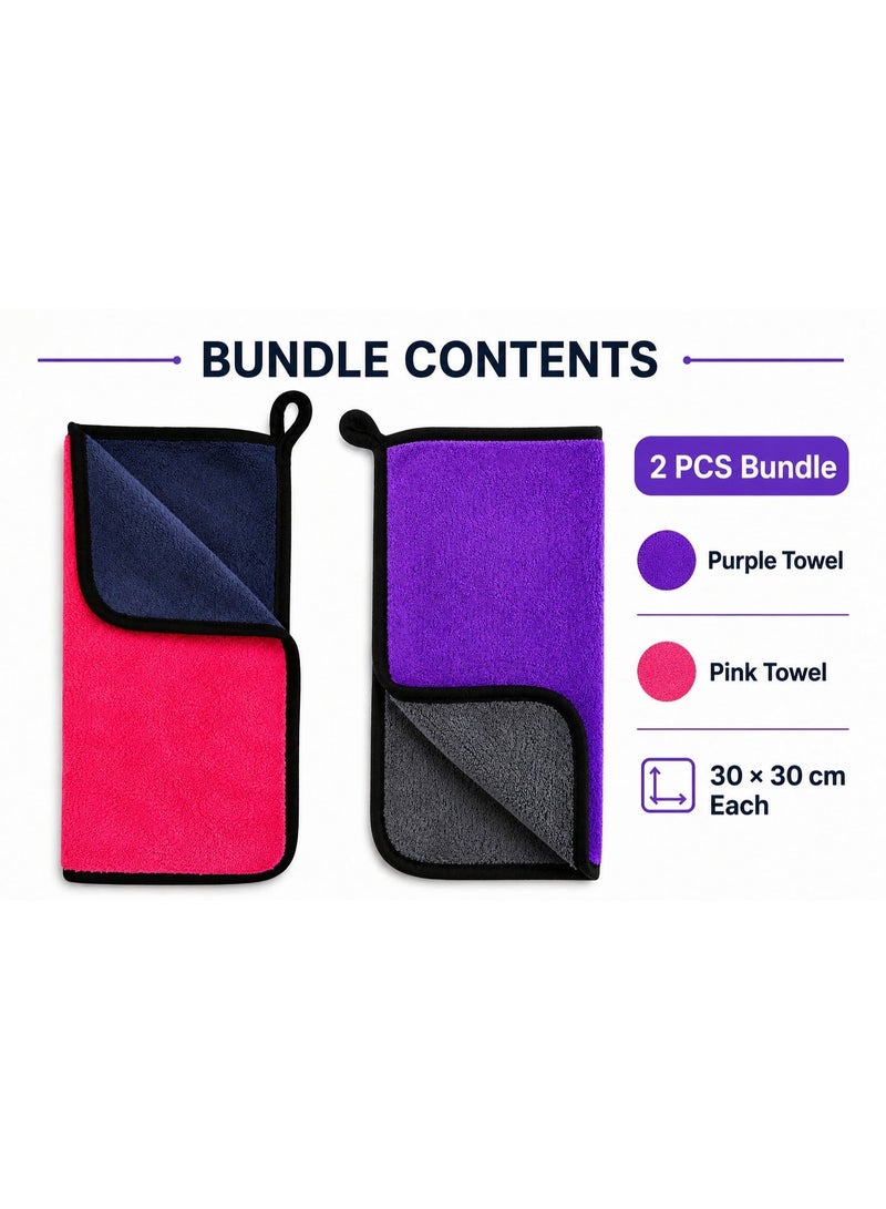 (2 Pcs) Microfiber Car Cleaning Towels 30x30 cm – Double-Sided Lint-Free Streak-Free Absorbent Cloths for Kitchen, Glass & Screens, Purple & Pink Bundle - Image 2