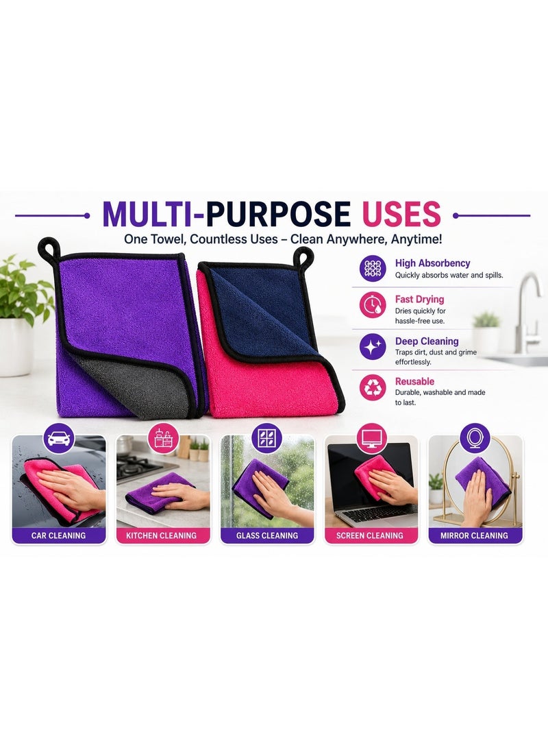 (2 Pcs) Microfiber Car Cleaning Towels 30x30 cm – Double-Sided Lint-Free Streak-Free Absorbent Cloths for Kitchen, Glass & Screens, Purple & Pink Bundle - Image 4