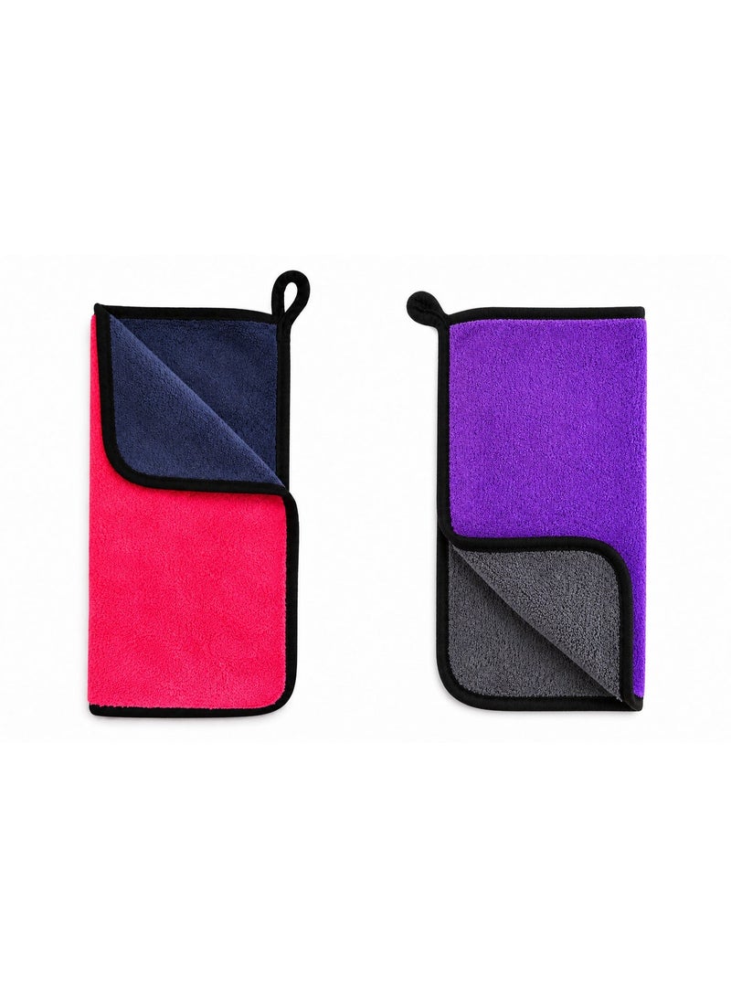 (2 Pcs) Microfiber Car Cleaning Towels 30x30 cm – Double-Sided Lint-Free Streak-Free Absorbent Cloths for Kitchen, Glass & Screens, Purple & Pink Bundle - Image 1