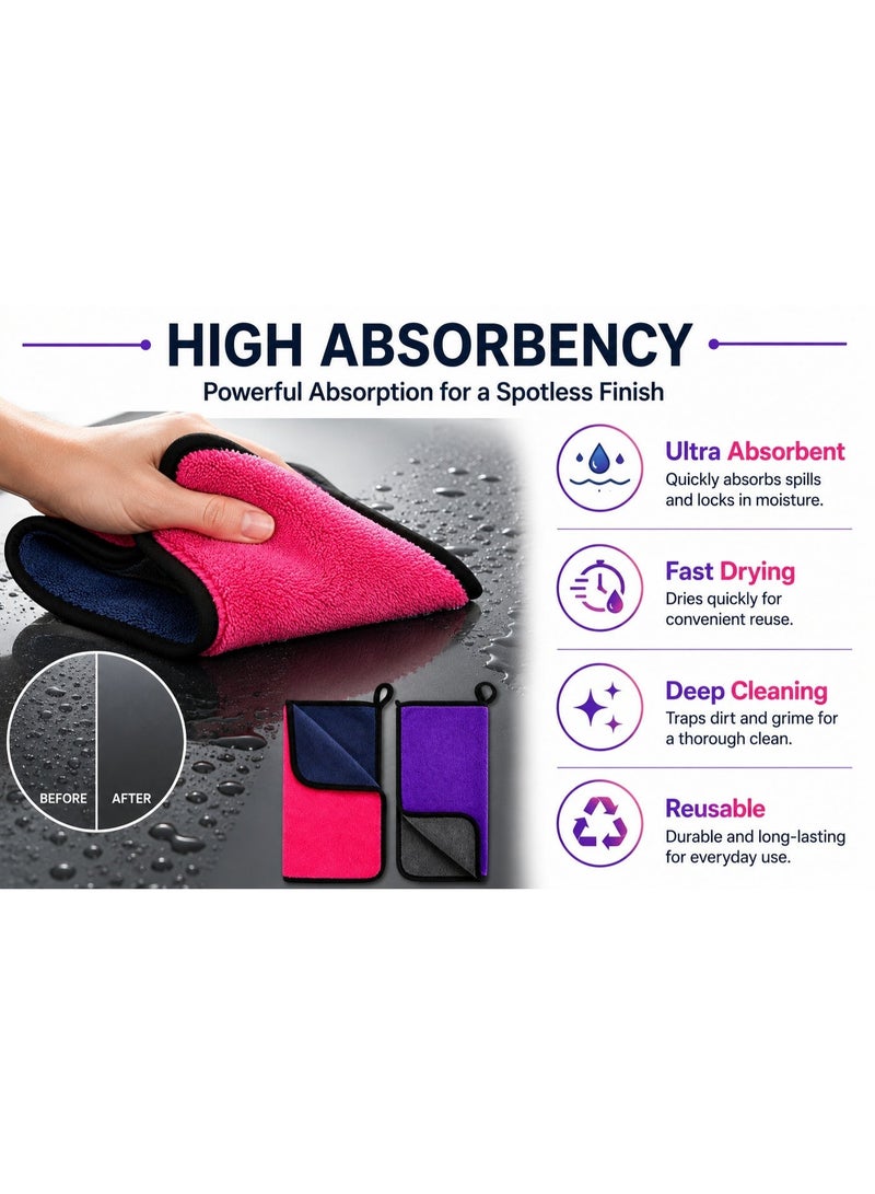 (2 Pcs) Microfiber Car Cleaning Towels 30x30 cm – Double-Sided Lint-Free Streak-Free Absorbent Cloths for Kitchen, Glass & Screens, Purple & Pink Bundle - Image 5