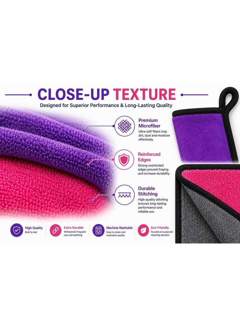 (2 Pcs) Microfiber Car Cleaning Towels 30x30 cm – Double-Sided Lint-Free Streak-Free Absorbent Cloths for Kitchen, Glass & Screens, Purple & Pink Bundle - Image 3