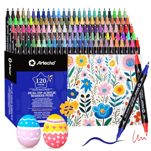 Artecho Acrylic Paint Markers 120 Colors Acrylic Paint Pens with Brush Tip and Fine Tip for Stone Rock Painting Paper Pumpkin Wood Egg Canvas Ceramic Fabric leather Glass DIY Crafts - Image 1