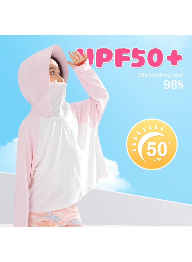 هانيا جاكيت HANNEA® UPF 50 لحماية الأطفال من الشمس للفتيات من عمر 8-9 سنوات، مع غطاء رأس وأكمام طويلة، مع ياقة عالية، وسحاب أمامي، ولمسة باردة من الحرير الجليدي، تصميم فضفاض لحماية من الأشعة فوق البنفسجية للعب في الهواء الطلق والسفر، باللون الوردي. - Image 3