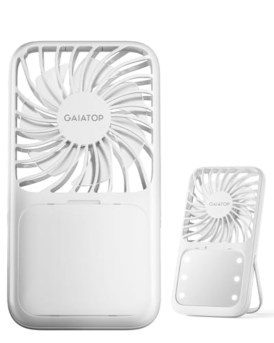Gaiatop Portable Handheld Fan, 3 Speed LED Makeup Mirror with Light, Folding Stand for Desktop, Rechargeable Mini Personal Fans Small Travel Essentials Gifts for Women Girls - Image 1