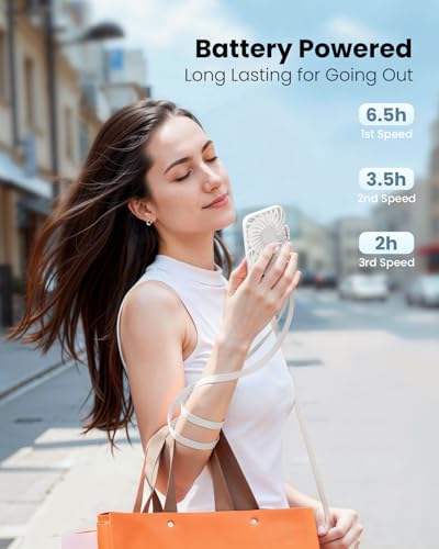 Gaiatop Portable Handheld Fan, 3 Speed LED Makeup Mirror with Light, Folding Stand for Desktop, Rechargeable Mini Personal Fans Small Travel Essentials Gifts for Women Girls - Image 2