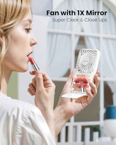 Gaiatop Portable Handheld Fan, 3 Speed LED Makeup Mirror with Light, Folding Stand for Desktop, Rechargeable Mini Personal Fans Small Travel Essentials Gifts for Women Girls - Image 5