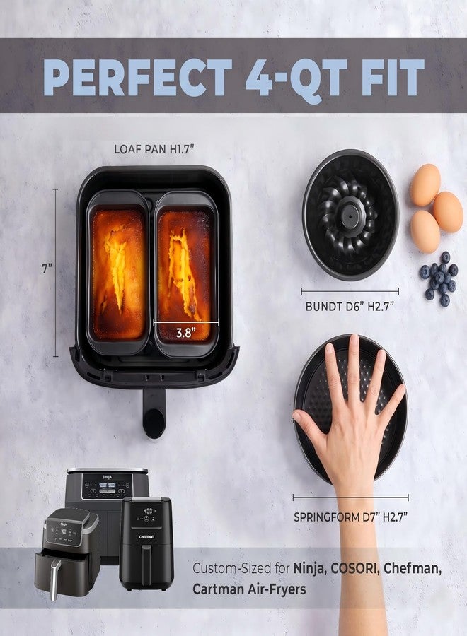 CARTMAN 4-Piece Air Fryer Bakeware Set, Non-Stick Carbon Steel Mini Springform, Bundt Cake Pan, 2 Loaf Pans, Fits Ninja, Chefman, Cosori, Instant Pot, Non-Toxic with Online Recipe Guide - Image 2