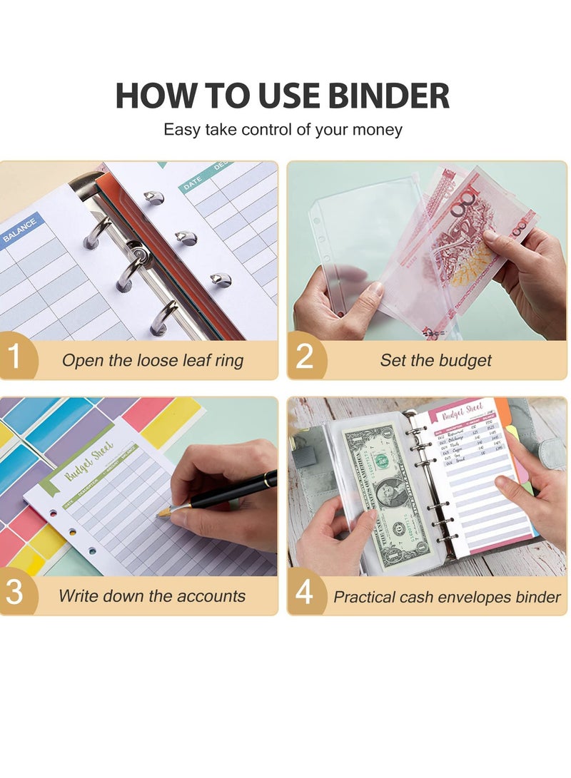 A6 PU Leather Budget Binder Planner with 12 Clear Zipper Envelopes and 12 Budget Sheets for Saving Money and Organizing Cash Pink - Image 2