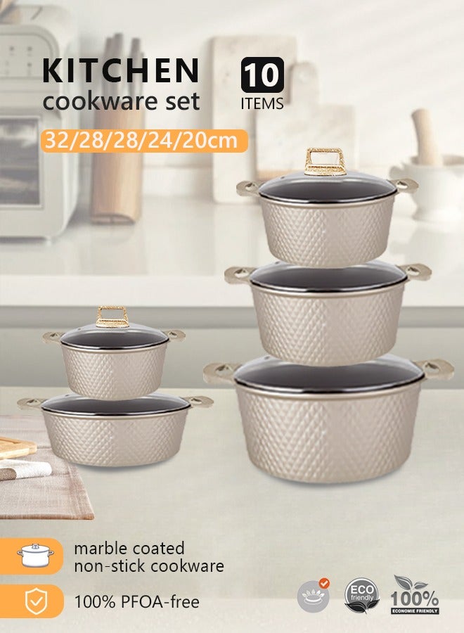 HK 10-Piece Kitchen Cookware set, Casserole Set And Frying Pan With Non Stick Cookware sets ,Finish Glass lid PFOA-Free  20-24-28-32 cm (Deep Stockpot) + 28 cm (Shallow Stockpot)（Gold） - Image 1