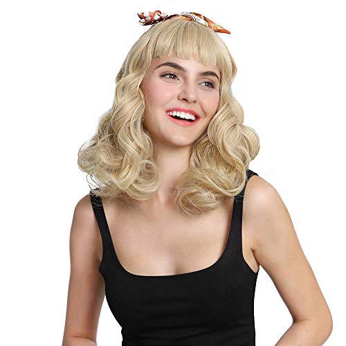 DIFEI Rockabilly Vintage Wig Audrey Hepbum Short Bang Wig Long Finger Wavy Wigs for Women (Blonde) - Image 2