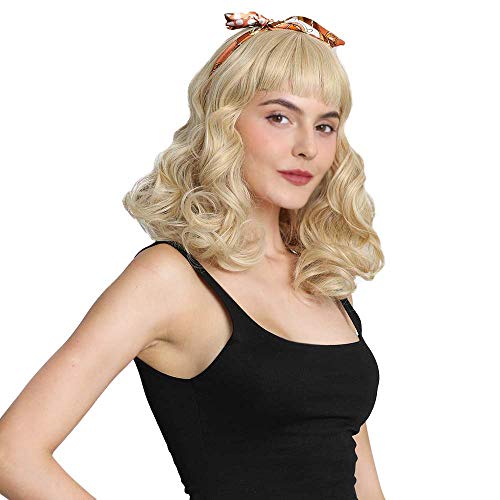 DIFEI Rockabilly Vintage Wig Audrey Hepbum Short Bang Wig Long Finger Wavy Wigs for Women (Blonde) - Image 5
