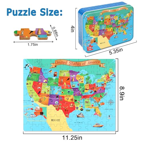 LELEMON Puzzles for Kids Ages 46USA Map 100 Piece Puzzles for Kids Ages 48 in a Metal BoxEducational Jigsaw Puzzles 100 Piece Puzzle Games Puzzle Toys for Girls and Boys - Image 5