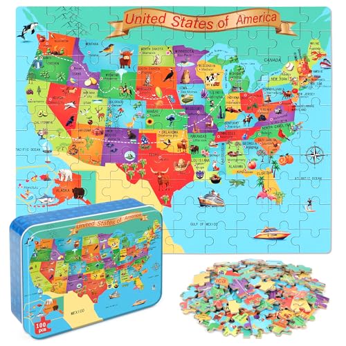 LELEMON Puzzles for Kids Ages 46USA Map 100 Piece Puzzles for Kids Ages 48 in a Metal BoxEducational Jigsaw Puzzles 100 Piece Puzzle Games Puzzle Toys for Girls and Boys - Image 1