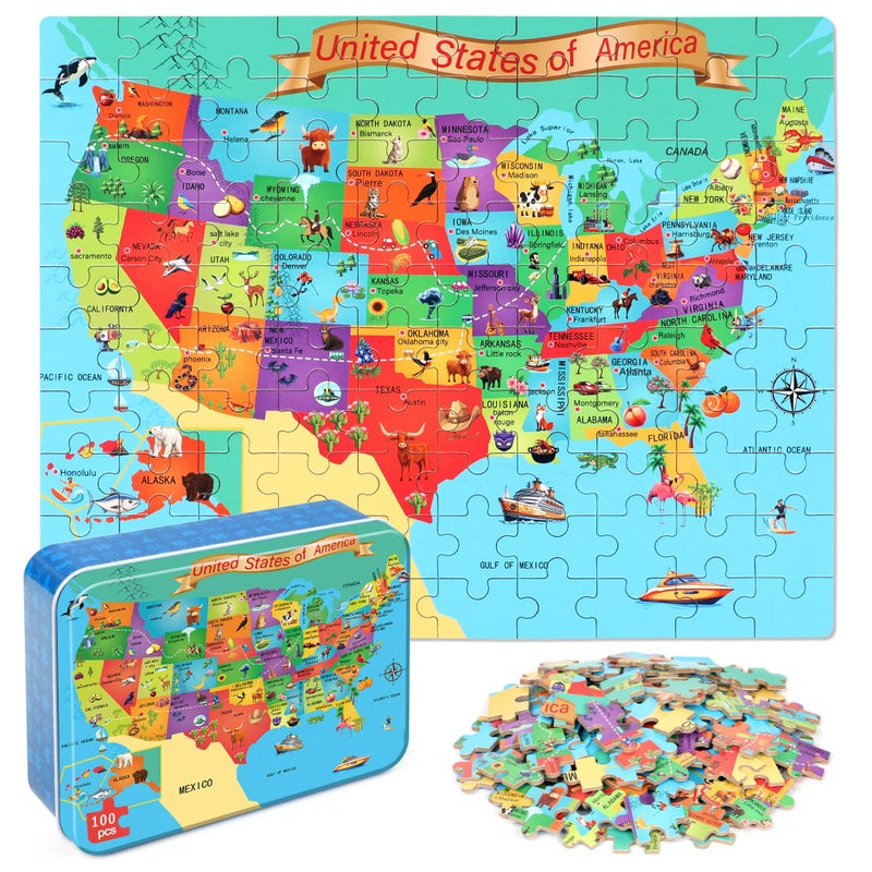 LELEMON Puzzles for Kids Ages 46USA Map 100 Piece Puzzles for Kids Ages 48 in a Metal BoxEducational Jigsaw Puzzles 100 Piece Puzzle Games Puzzle Toys for Girls and Boys - Image 3