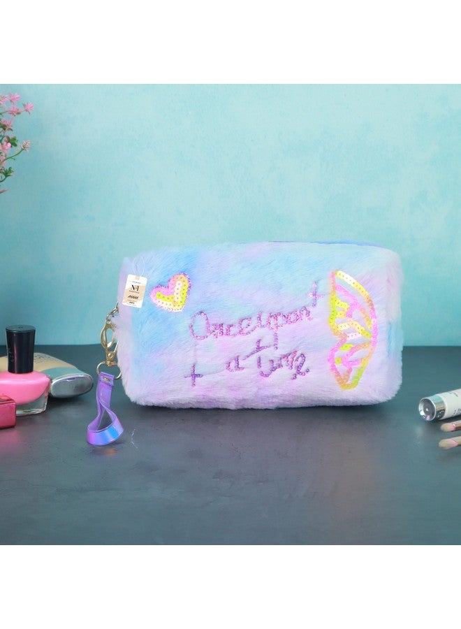 NFI essentials Fur Makeup Cosmetic Pouch Vanity Case Jewellery Pouch for Womens Stationery Pencil Case Travel Organiser Zipper Pouch Bag with Detachable Handle - Image 5