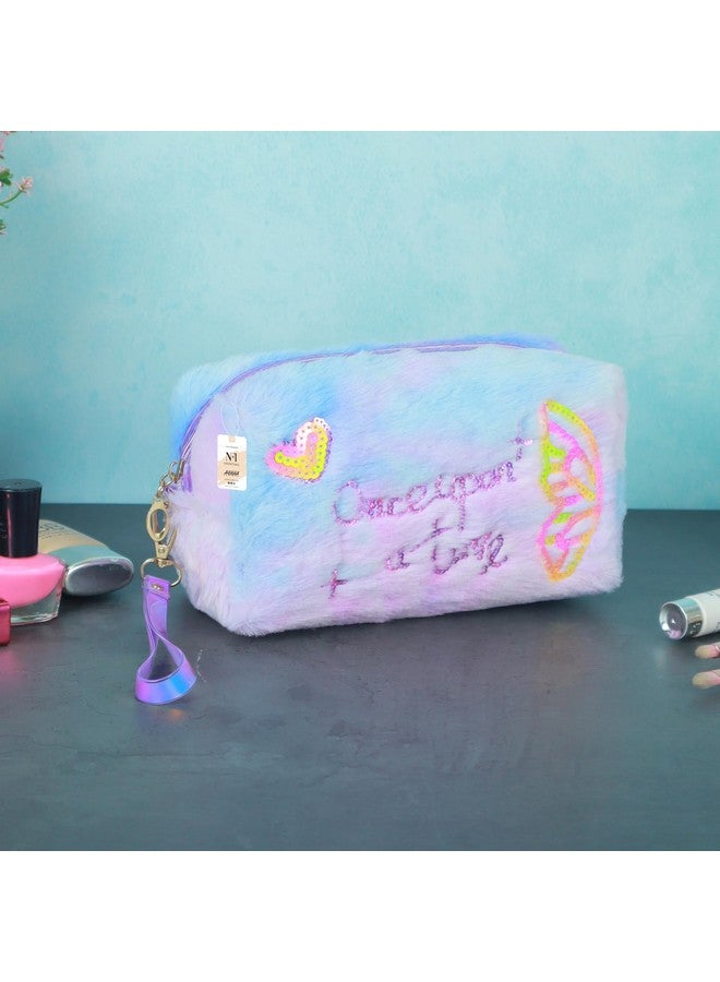 NFI essentials Fur Makeup Cosmetic Pouch Vanity Case Jewellery Pouch for Womens Stationery Pencil Case Travel Organiser Zipper Pouch Bag with Detachable Handle - Image 3