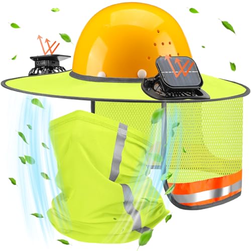 Croknit 2 Pcs Sun Hard Hat Neck Shield Shade Full Brim Hard Hat with Solar Fan Hardhat Sun Shield Visor with High Visibility for Construction Helmet Hardhat Accessories ReflectiveFluorescent Yellow - Image 1