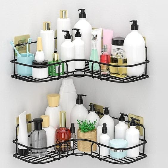 Oslen Multipurpose Bathroom/Kitchen Corner Storage Organizer Wall Mounted Rack Shelf Shower Caddy (No Drilling - Shelf Adhesive) Bathroom Accessories Storage Rack (Black, Pack of 1) - Image 2