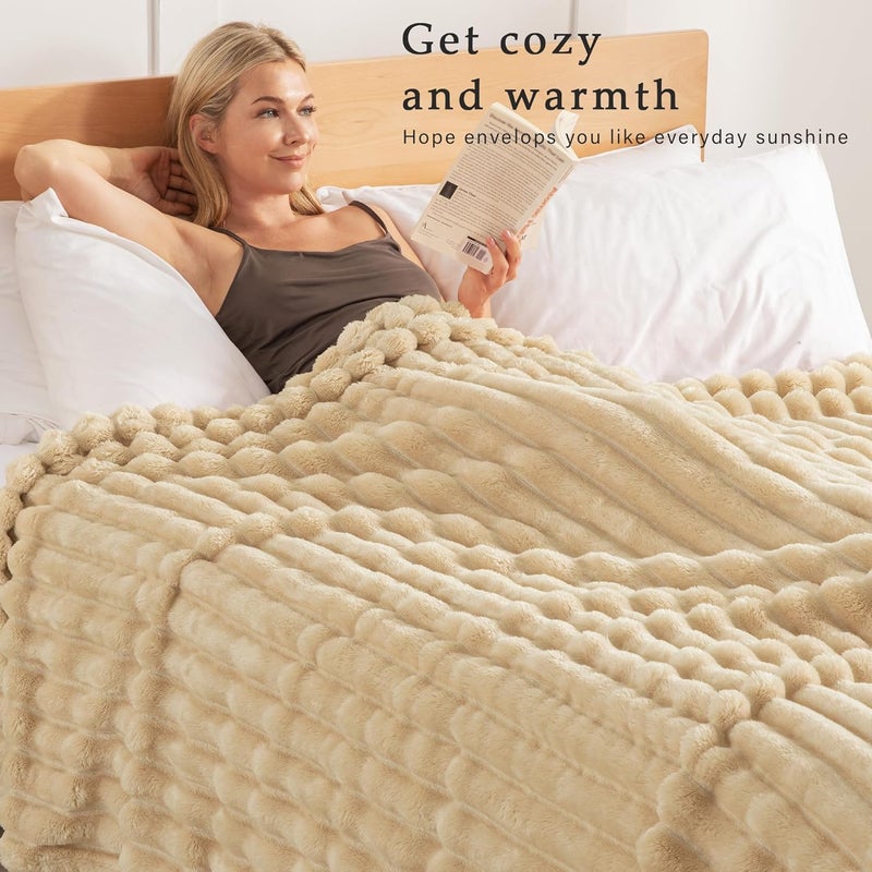 Exclusivo Mezcla Super Soft Striped Jacquard Fleece Throw Blanket, 50x60 Inches, Beige - Image 2