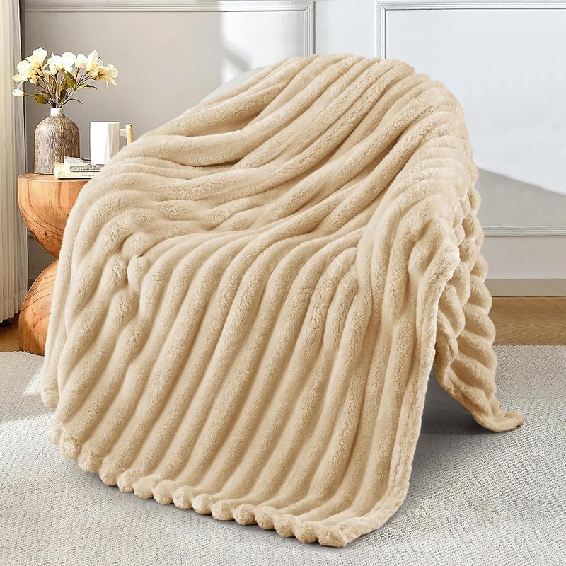 Exclusivo Mezcla Super Soft Striped Jacquard Fleece Throw Blanket, 50x60 Inches, Beige - Image 1