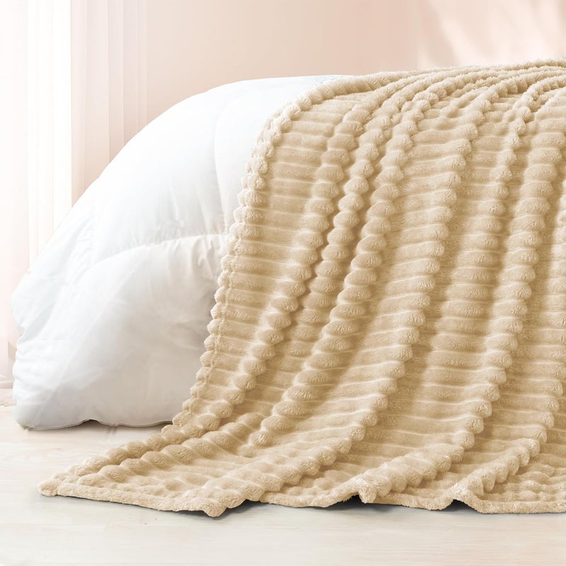 Exclusivo Mezcla Super Soft Striped Jacquard Fleece Throw Blanket, 50x60 Inches, Beige - Image 5