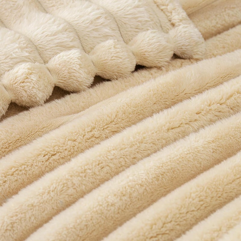 Exclusivo Mezcla Super Soft Striped Jacquard Fleece Throw Blanket, 50x60 Inches, Beige - Image 4