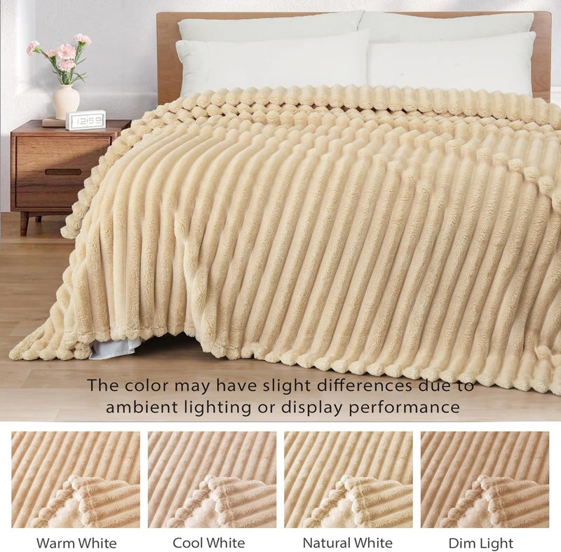 Exclusivo Mezcla Super Soft Striped Jacquard Fleece Throw Blanket, 50x60 Inches, Beige - Image 3