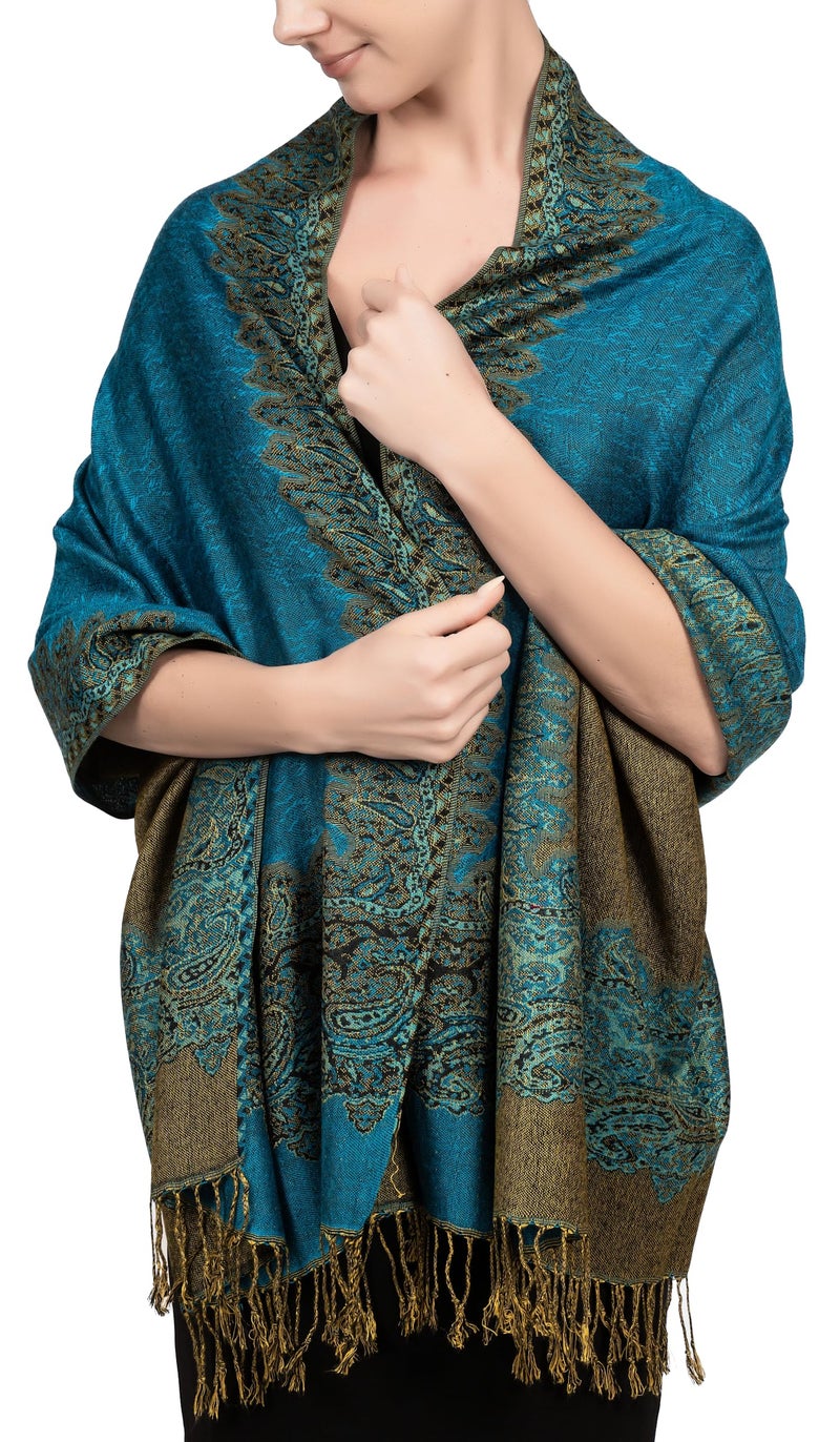 Achillea شال باهظ من الباشمينا القابل للعكس بتصميم بايسلي ناعم وحريري مع أطراف (حدود تركواز) - Image 1