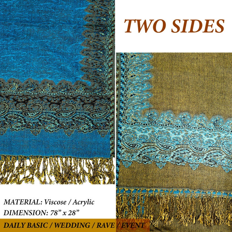 Achillea شال باهظ من الباشمينا القابل للعكس بتصميم بايسلي ناعم وحريري مع أطراف (حدود تركواز) - Image 3