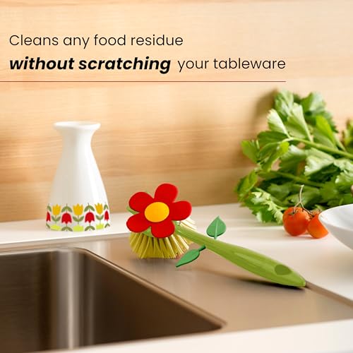 Vigar Flower Power Dish Brush with Vase Brush Holder, Dish Brush with Handle for Pot Scrubber, Dishes, Sink, and Kitchen Essentials, White, Red - Image 4