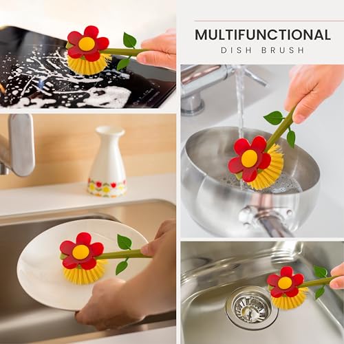 Vigar Flower Power Dish Brush with Vase Brush Holder, Dish Brush with Handle for Pot Scrubber, Dishes, Sink, and Kitchen Essentials, White, Red - Image 5