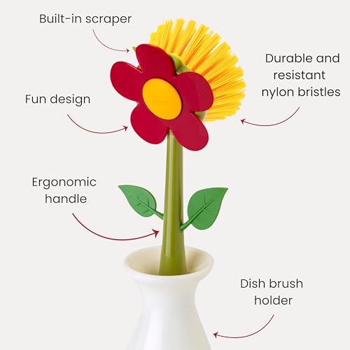 Vigar Flower Power Dish Brush with Vase Brush Holder, Dish Brush with Handle for Pot Scrubber, Dishes, Sink, and Kitchen Essentials, White, Red - Image 3