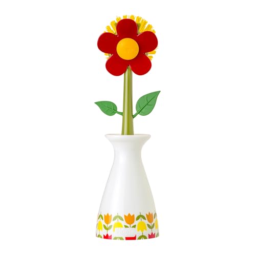 Vigar Flower Power Dish Brush with Vase Brush Holder, Dish Brush with Handle for Pot Scrubber, Dishes, Sink, and Kitchen Essentials, White, Red - Image 1