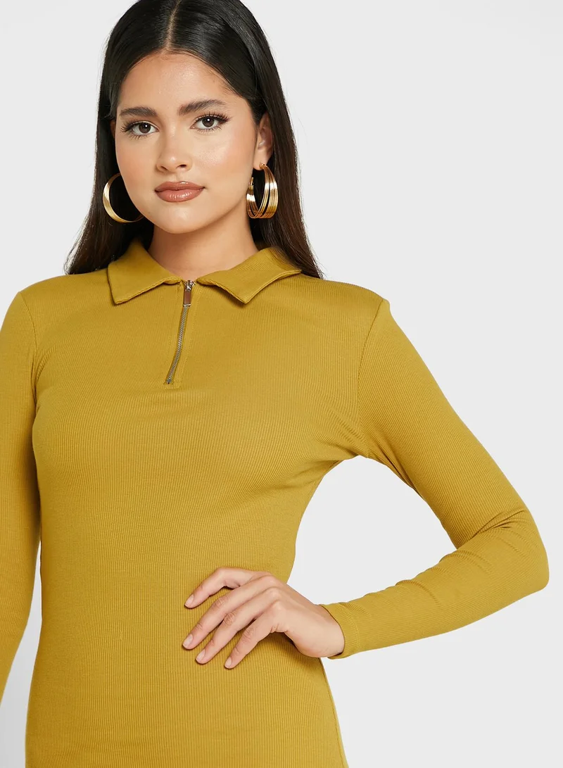 Miss Selfridge Ribbed Polo Neck Zip Detail Dress