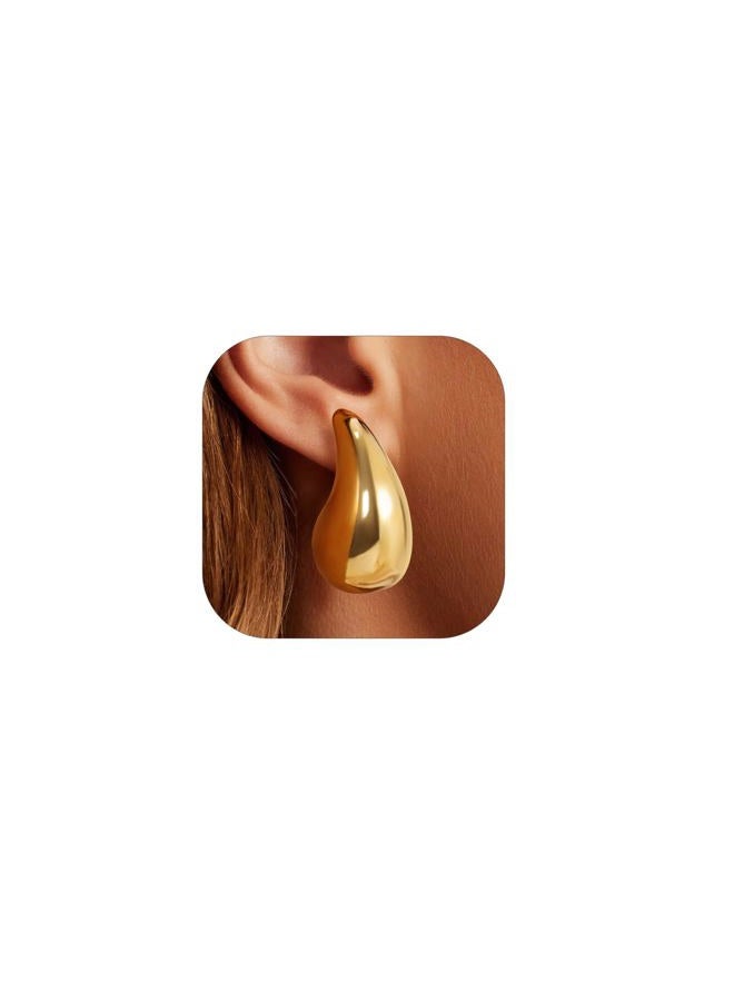 KeyStyle Gold Teardrop Earrings for Women Chunky Hoop, Lightweight Waterdrop Hollow Open Hoops, Hypoallergenic Gold Plated Water Drop Earrings Fashion Jewelry for Women Lady - Image 1
