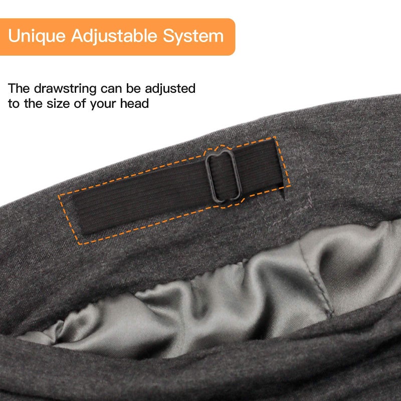 GB Selected Silk Satin Lined Bonnet Sleep Cap - Adjustable Stay on All Night Hair Wrap Cover Slouchy Beanie for Curly Hair Protection for Women and Men - Solid Dark Grey - Image 4
