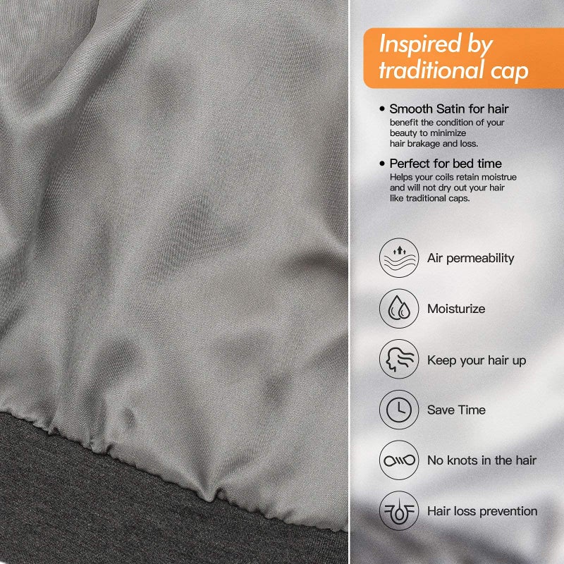GB Selected Silk Satin Lined Bonnet Sleep Cap - Adjustable Stay on All Night Hair Wrap Cover Slouchy Beanie for Curly Hair Protection for Women and Men - Solid Dark Grey - Image 2
