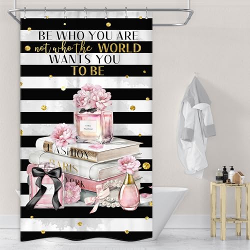 Riyidecor Small Stall Fashion Women Shower Curtain 36Wx72H Inch Black White Striped Pink Modern Magazine Book Perfume Flower Girl Positive Quote Bathroom Decor Fabric Polyester Waterproof 7 Pack Hooks