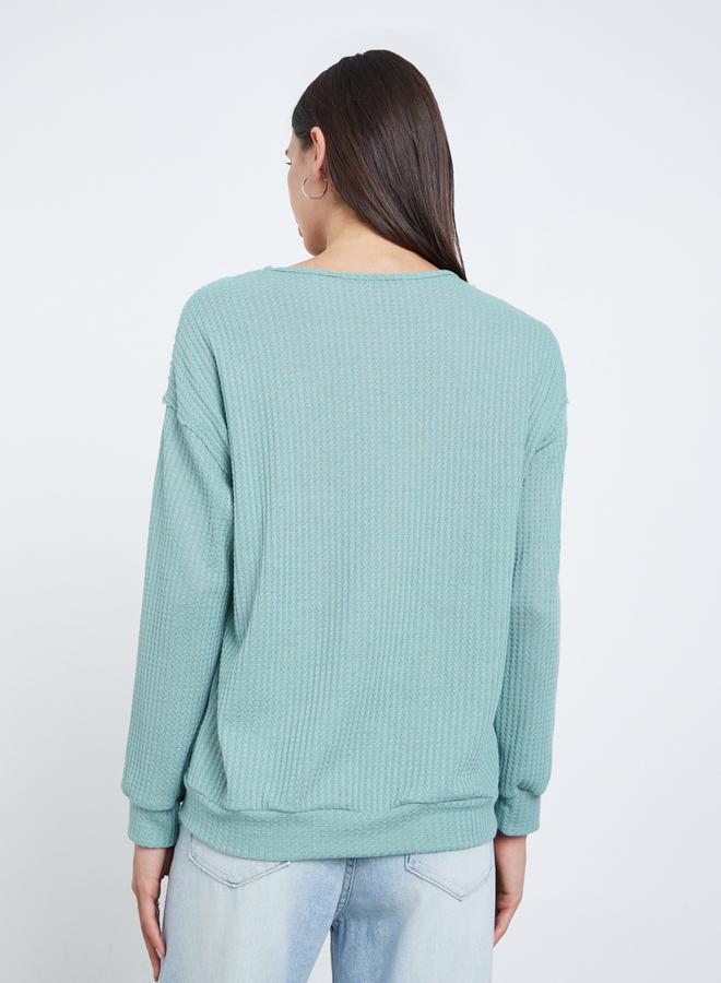 Styli Green Waffle Knit Sweatshirt with Dropped Shoulder - Image 4