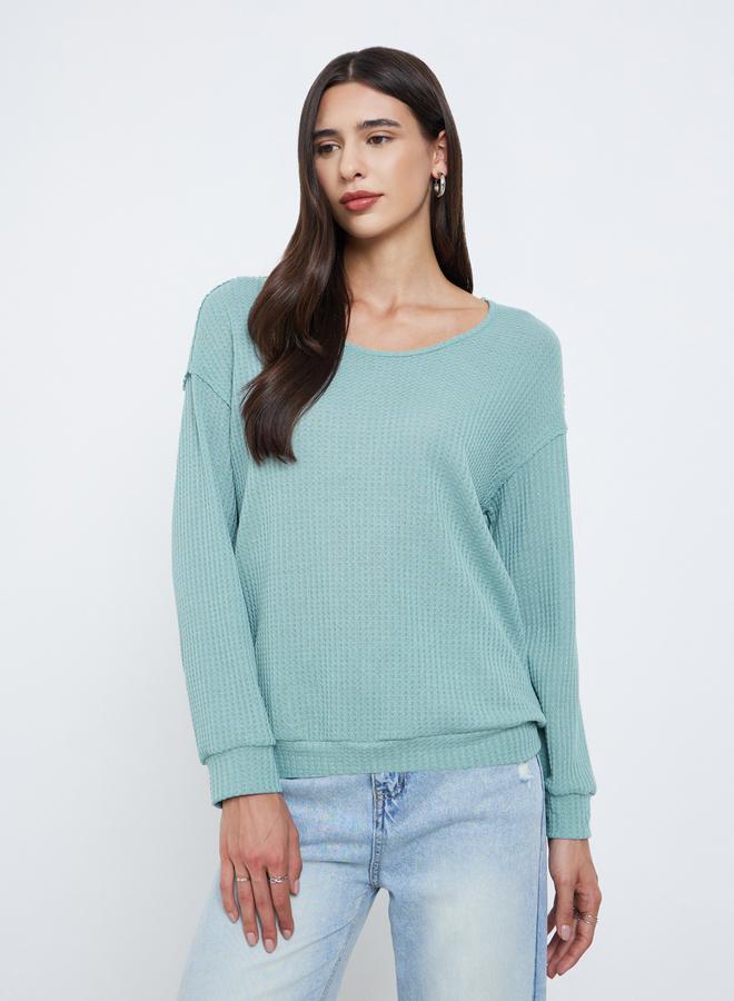 Styli Green Waffle Knit Sweatshirt with Dropped Shoulder - Image 1