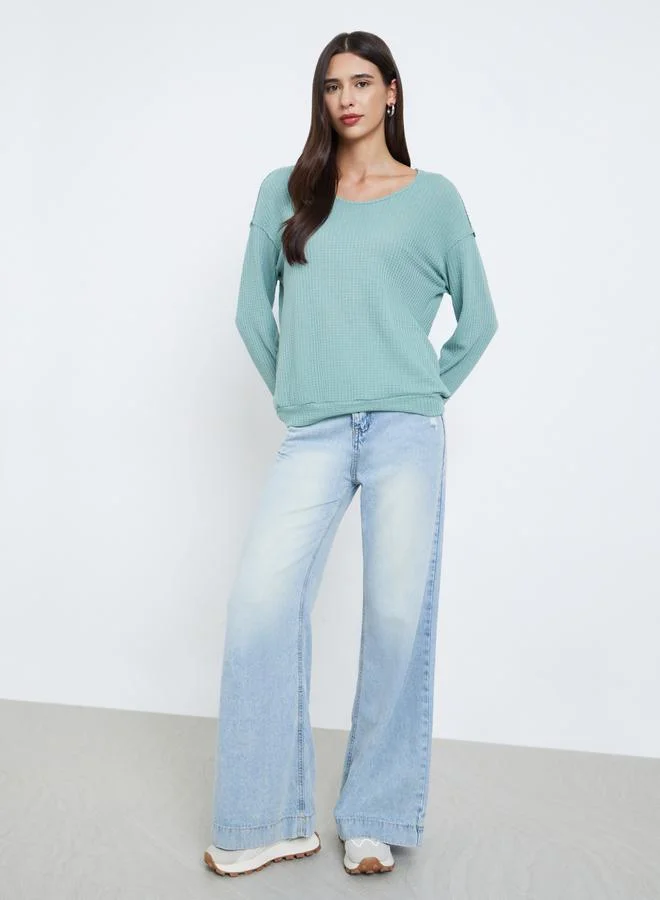 Styli Green Waffle Knit Sweatshirt with Dropped Shoulder