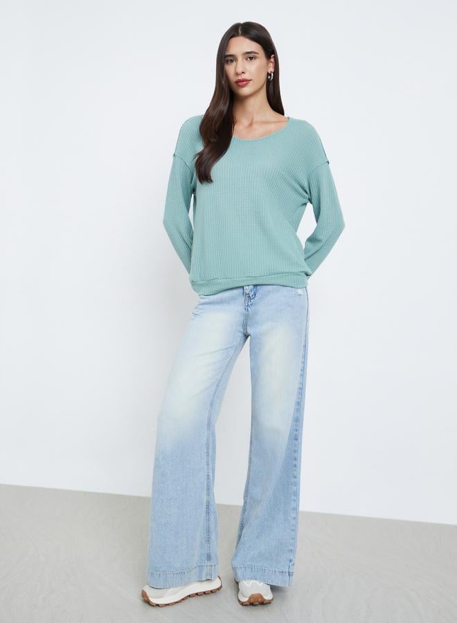 Styli Green Waffle Knit Sweatshirt with Dropped Shoulder - Image 2