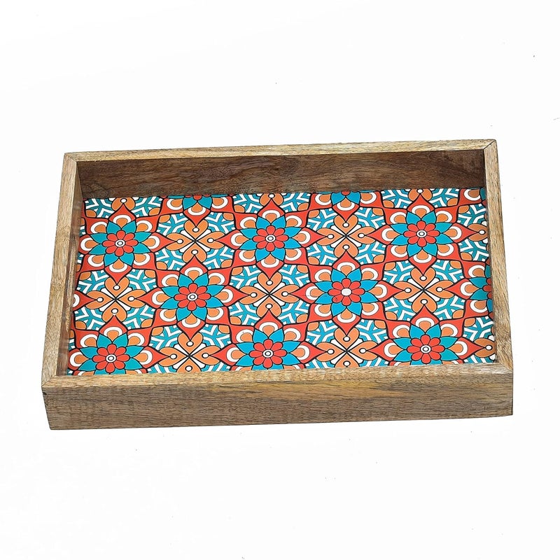 OGGN Multi Printed Wooden Serving Tray, Handmade Mango Wood Platter with Handles, Rectangular Tea Breakfast Wood Plate, Trays for Kitchen, Dining Table (14 X 9 Inch) - Image 3